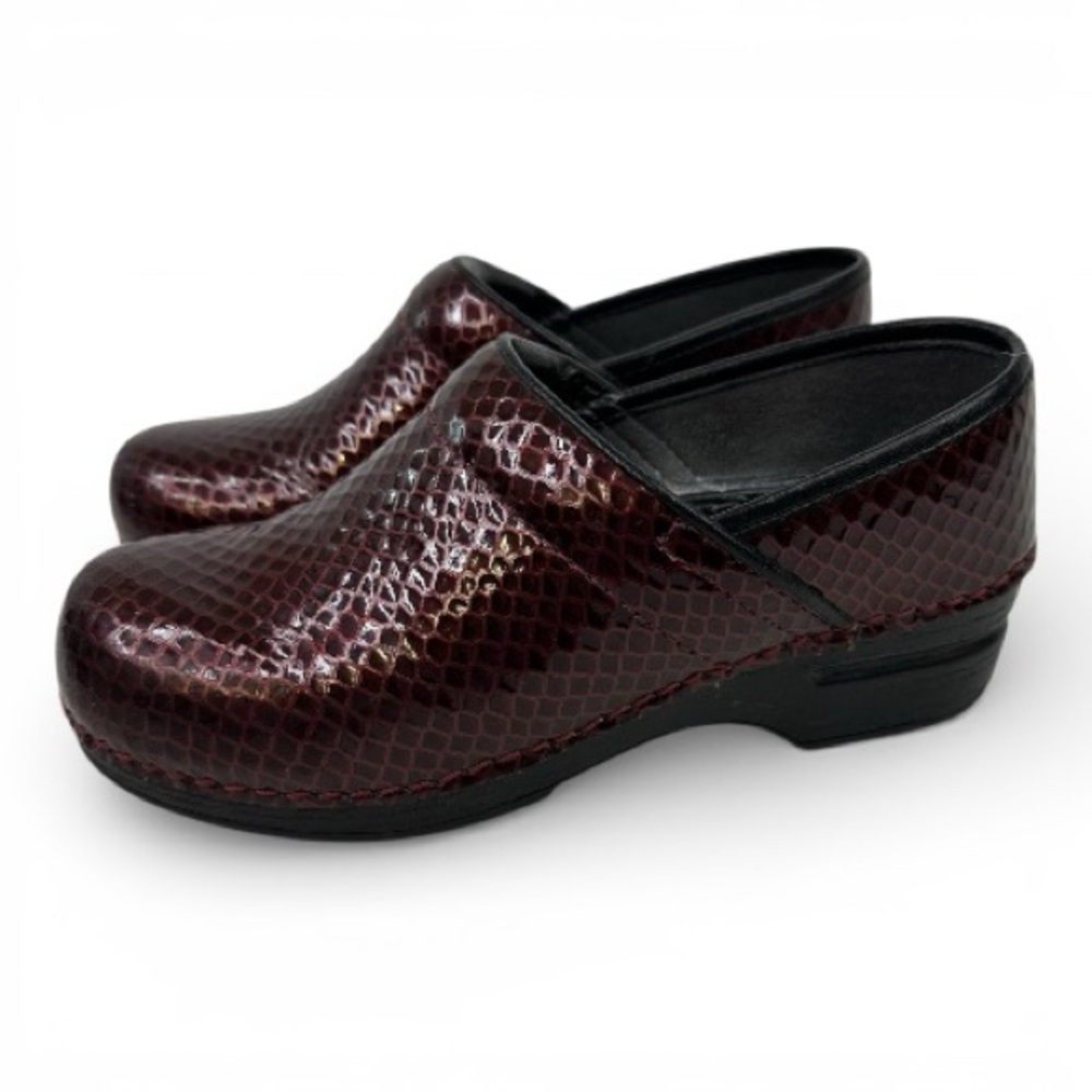 Dansko Burgundy Snake Print Mules